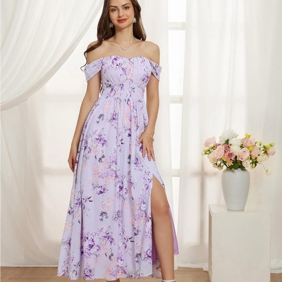 Grace Karin Floral Lavender A Line Maxi Dress Off or On the shoulder - Picture 11 of 13